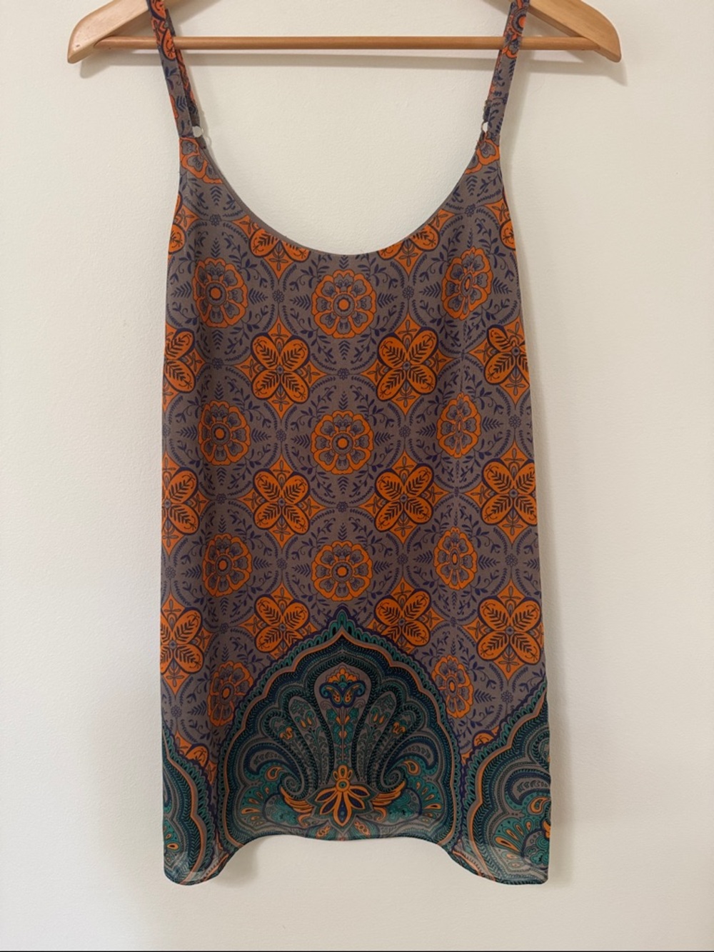 CAbi Orange & Gray Printed Slip Cami with Teal Border